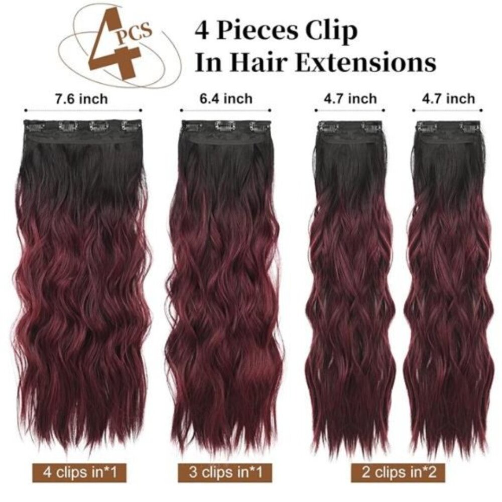 Clip in Hair Extensions, 20” Long Wavy Burgundy - Picture 5 of 6